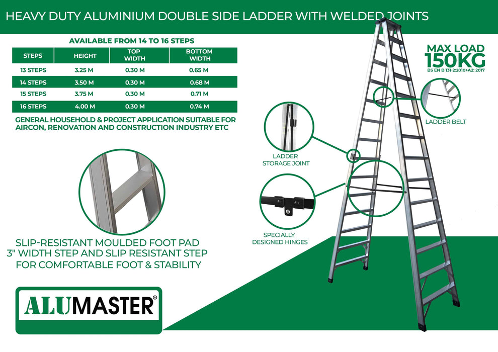 ✨SELF-PICKUP ONLY✨ ALUCLASS GENUINE - Heavy Duty Aluminium Welded Ladder (15 Steps Double Sided)  AL-15SDWL - ALUCLASS MY
