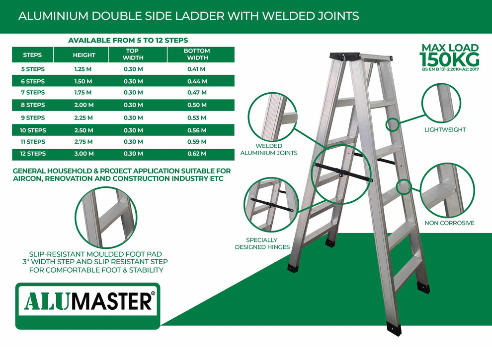 ✨READY STOCK✨ ALUCLASS GENUINE - Heavy Duty Aluminium Welded Ladder (5 Steps Double Sided) AL-5SDWL - ALUCLASS MY